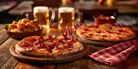 Cozy Pub Style Dining with Craft Beers, Gourmet Pepperoni Pizzas, and Golden Fried Chicken on a Wooden Table