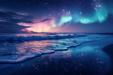 A beautiful and serene scene of a beach at night, with the ocean