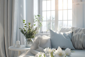 Shabby chic interior design of modern living room, home. Close up of grey sofa with pillows and round side table near grid window.