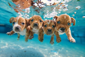 A group of four puppies are swimming together in a pool. Summer heat concept, backdrop