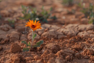 Flower growing from cracked dry soil in drought concept. Record summer heat. Backdrop with selective focus