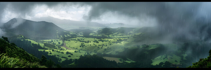 Spellbinding Panorama of Imminent Rain Showers Under a Sunlit Sky in New Zealand's Lush Landscape