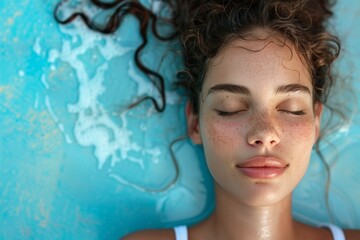 A woman with curly hair is laying in a pool of water. Summer vacation concept, backdrop