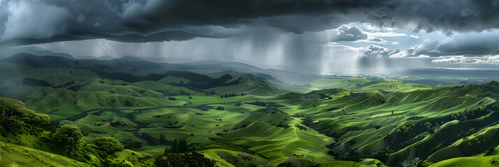 Spellbinding Panorama of Imminent Rain Showers Under a Sunlit Sky in New Zealand's Lush Landscape