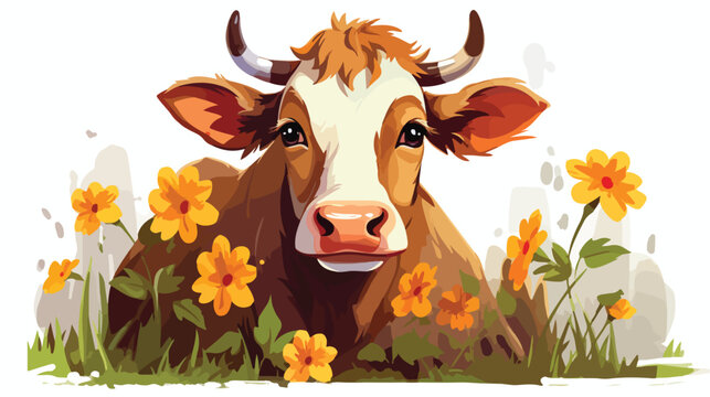 Vector image of cow with flowers around 2d flat cartoon