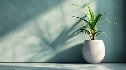 A white vase with a green plant in it sits on a wall