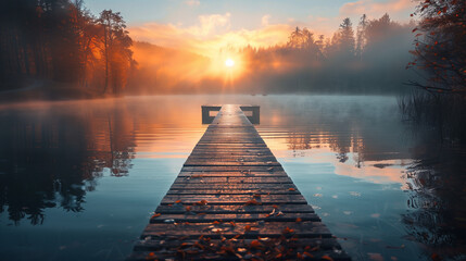 A wooden bridge spans a body of water with a sun reflecting on the water - obrazy, fototapety, plakaty