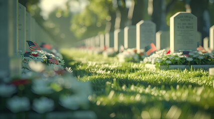 American flags adorning graves at a national cemetery. Memorial Day - obrazy, fototapety, plakaty