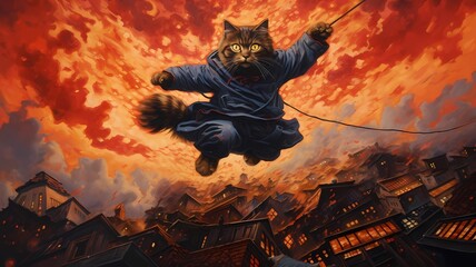 Step into a fantastical realm where the skies blaze with fiery hues and the air crackles with anticipation. Amidst this breathtaking scene, a ninja cat descends gracefully, its once-confident demeanor - obrazy, fototapety, plakaty