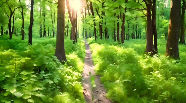 Dawn Light on a Footpath Through a Lush Deciduous Forest in Spring