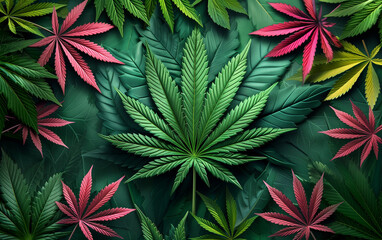 Fototapeta premium A striking illustration of multiple cannabis leaves in varying colors creating a lush pattern.