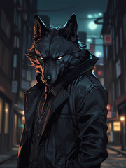 Black Wolf gangster on the street at night. Anime style, artistic portrait