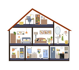 Doll house with furniture. Sectional plan and infographics of the house. Kitchen, bedroom and living room. Bathroom and laundry room. Home Office. Flat style. Vector.