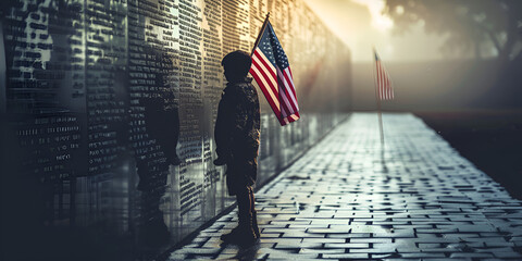 Child in silhouette holding the American flag beside a memorial wall of names in the misty morning.