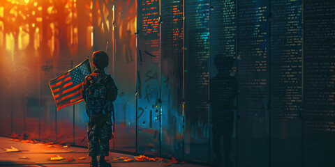 Young child pays homage to fallen soldiers at a war memorial as daylight fades. Memorial Day