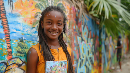 Before a graffiti-covered wall, a young artist of African descent proudly displays her latest mural
