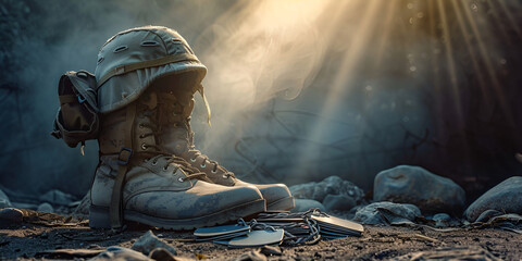 A pair of combat boots and a soldier's helmet in a somber battlefield setting at dawn.