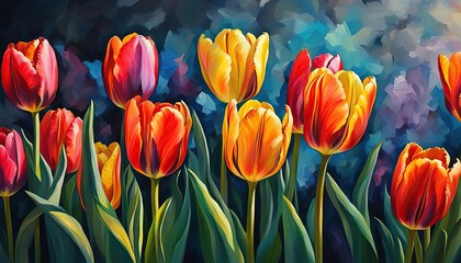 ilustration red and yellow tulips paint with oil painting style