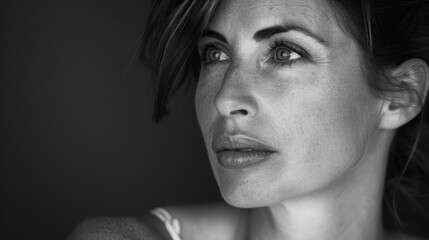 In a black and white portrait a womans natural beauty shines through as she poses with grace and confidence the subtle variations of grey highlighting the contours of her face and .