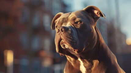A striking American Bully, with a powerful and muscular build, standing confidently against a backdrop of urban cityscape. - obrazy, fototapety, plakaty