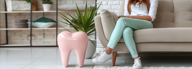A woman is relaxing on a couch with a toothshaped stool next to her. Dentistry concept - obrazy, fototapety, plakaty