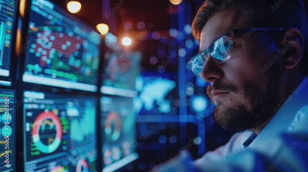 Poster data analyst working on business analytics dashboard with charts, metrics and kpi to analyze perform