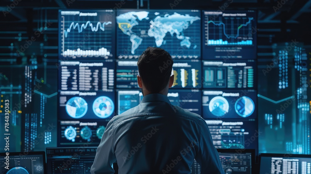 Poster data analyst working on business analytics dashboard with charts, metrics and kpi to analyze perform