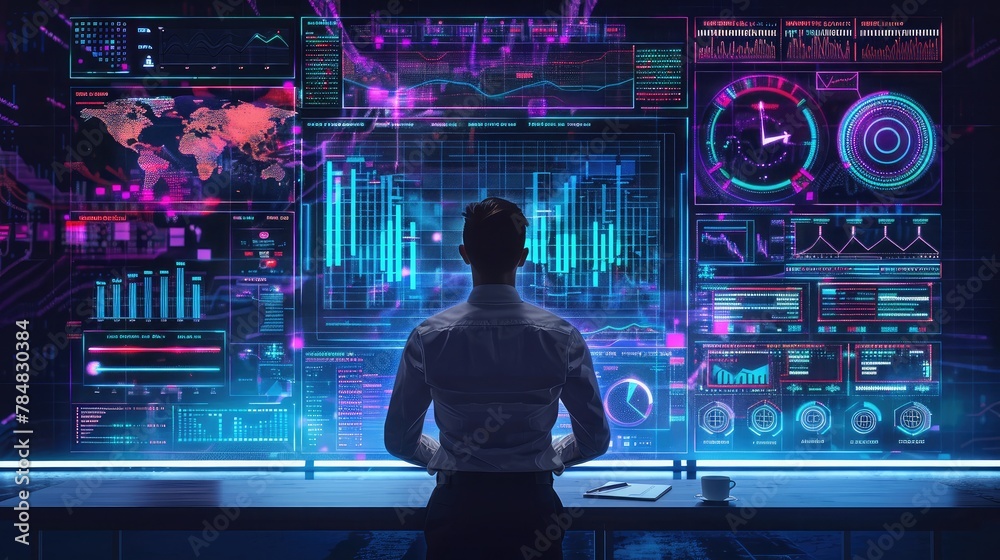 Poster data analyst working on business analytics dashboard with charts, metrics and kpi to analyze perform