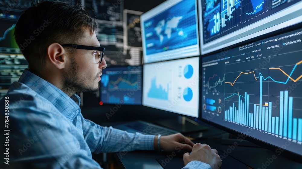 Poster data analyst working on business analytics dashboard with charts, metrics and kpi to analyze perform