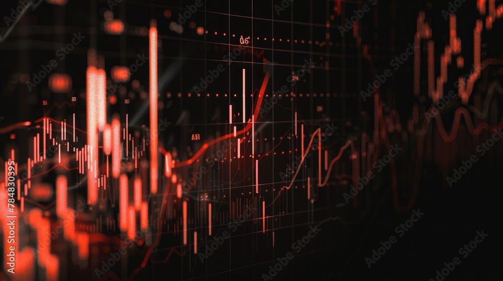 Poster display of quotes pricing graph visualization. financial statistic analysis on dark background with 