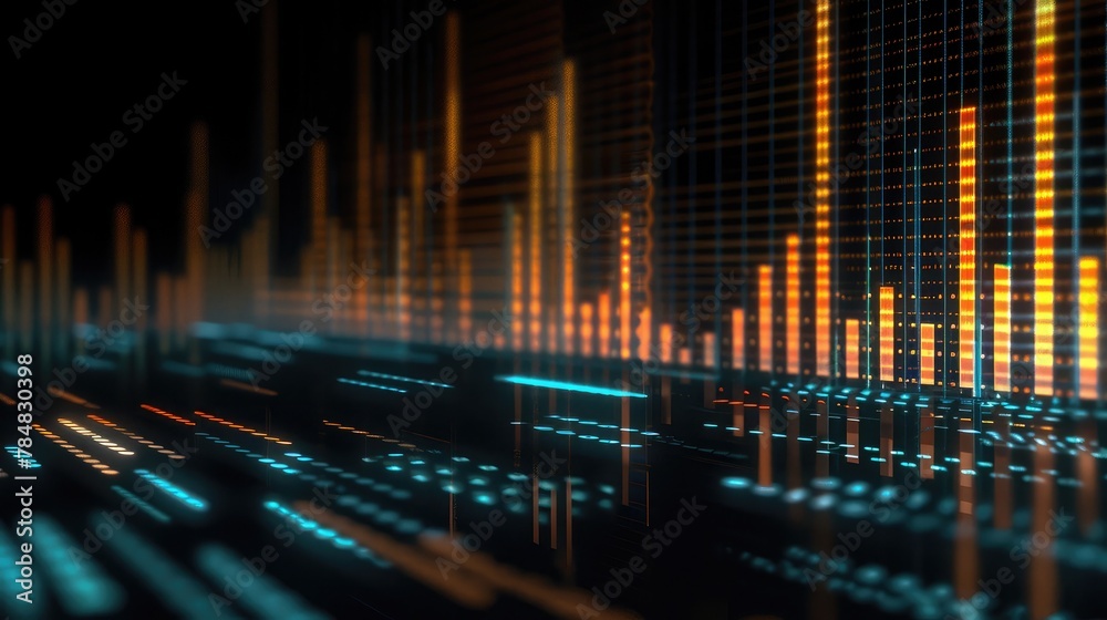 Poster display of quotes pricing graph visualization. financial statistic analysis on dark background with 