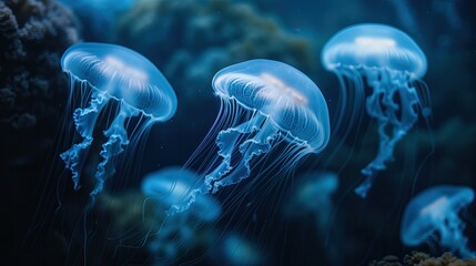 Electric blue jellyfish with bioluminescence swimming in azure water