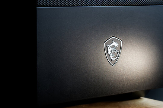 MSI - medieval crest with dragon - logo of Taiwanese computer hardware company - Micro-Star International Co on PC. Photo. Barcelona, Spain, August 31, 2023