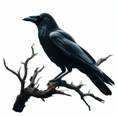 Obraz premium Crow Black Cawing Bird Corvus, Standing on a Dead Branch Trunk Against a White Background. Magnificent Plumage. Seed Dispersers. Raven.