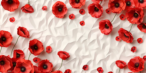 Bright red poppies artfully scattered across a white abstract background. Memorial Day.