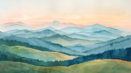 Craft a serene landscape of rolling hills and distant mountains under a pastel-colored sky, using watercolor to evoke a sense of calm and wonder - obrazy, fototapety, plakaty