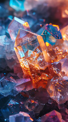 Macro photography of crystals under polarized light, realistic natural science photography, copy space