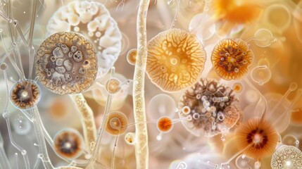 A montage of fungal spores in various stages of development ranging from small spherical forms to more complex multicelled structures. - obrazy, fototapety, plakaty