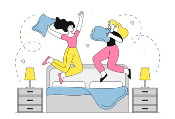 Women with pillow fight vector linear