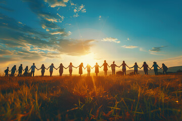 The concept of the human chain as the solidarity of world unity - obrazy, fototapety, plakaty