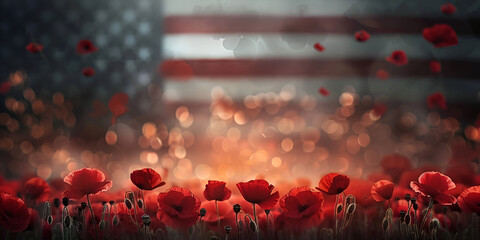 Red poppies with a blurred American flag and bokeh lights. Memorial Day. Copy space - obrazy, fototapety, plakaty