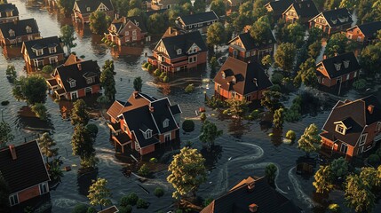 Catastrophic Floods, capturing the devastation caused by severe flooding, with homes and communities submerged, highlighting the urgent challenges of flood management and disaster response - obrazy, fototapety, plakaty