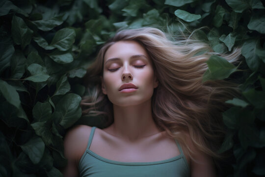 portrait of woman laying on the green leaves