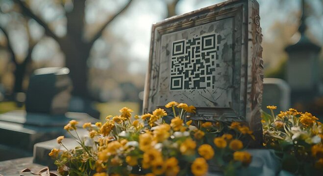Connecting Memories Digitally Close-Up of Marble Tombstone with QR Code, Smartphone Scanning, Blurred Flowers Signifying Remembrance
