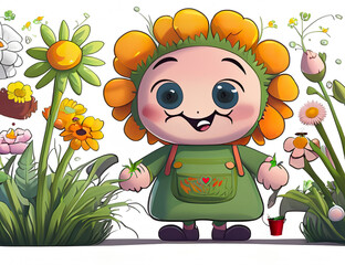 Sunflower gardener with flower bed, story. A colorful flower garden with plants and a figure of a child growing flowers. Childish tale.