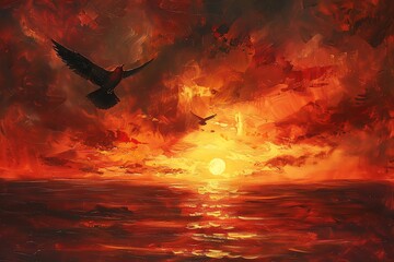 Capture the mystique of a lone, majestic bird soaring against a backdrop of a fiery sunset in a rich oil painting - obrazy, fototapety, plakaty
