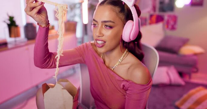 Streaming, gamer and woman. eating and headphones for influencer, online and social media with food. Talking, creator and female person with smile, fast food and video games, happiness and gen z