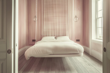 Beachfront minimalist bedroom in Malibu with pastel colors, floating bed, silk textures, and diffused daylight atmosphere.