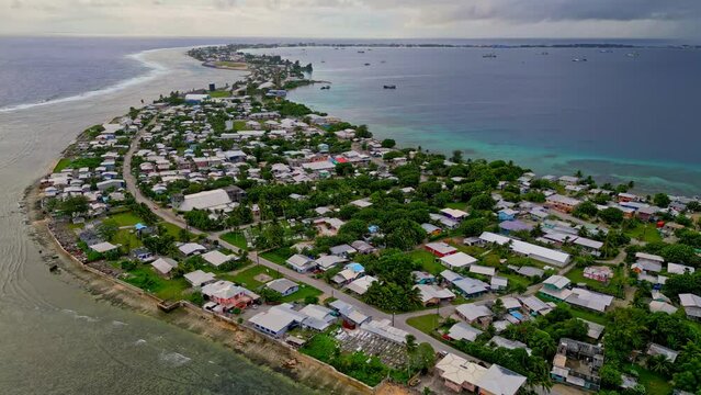 MARSHALL ISLANDS - 3.18.2024 - Excellent aerial footage of houses on the coast of Majuro in the Marshall Islands.