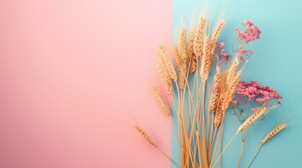 Obraz premium Dried flower arrangement on blue and pink backdrop, copy space